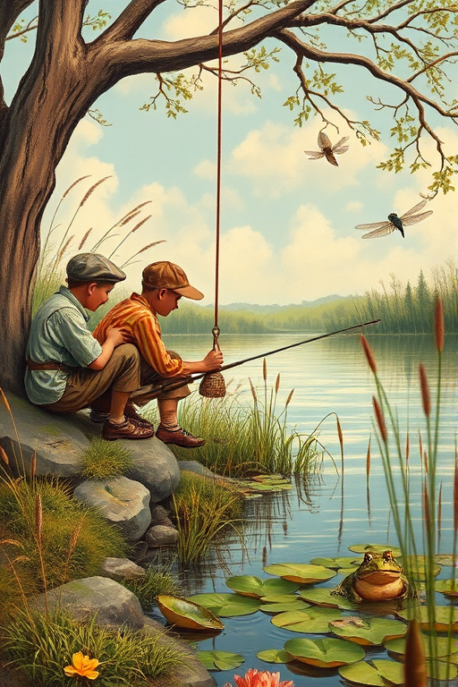 Imagine a small group of old fashioned young boys out fishing by the creek, a swing hanging from a tree branch, reeds and grasses by the water's edge, a frog sitting on a lily pad, dragonflies hovering over som water plans, a very iconic old fashioned scene reminiscent of a Norman Rockwell painting style