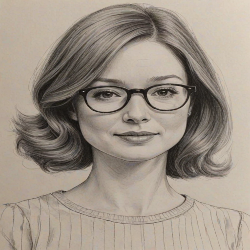 Lovely Ellie Kemper, pencil sketch, portrait of Pleasing woman 1967s in glasses, hair style beatnik, outline, clear lines, fine lines, 8k