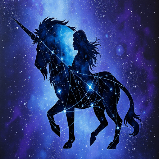 Captivating conceptual render alcohol ink art, double exposure, the paint strokes artfully merge combining a woman's full silhouette with a Unique unicorn's silhouette. The figures are composed of a series of colored dots, lines & spots that evoke the image of a cosmic galaxy, colors are deep shades of blue purple & black with flashes of white & silver representing distant stars. The woman's silhouette is formed within the lion's silhouette from constellations of scattered stars, surreal