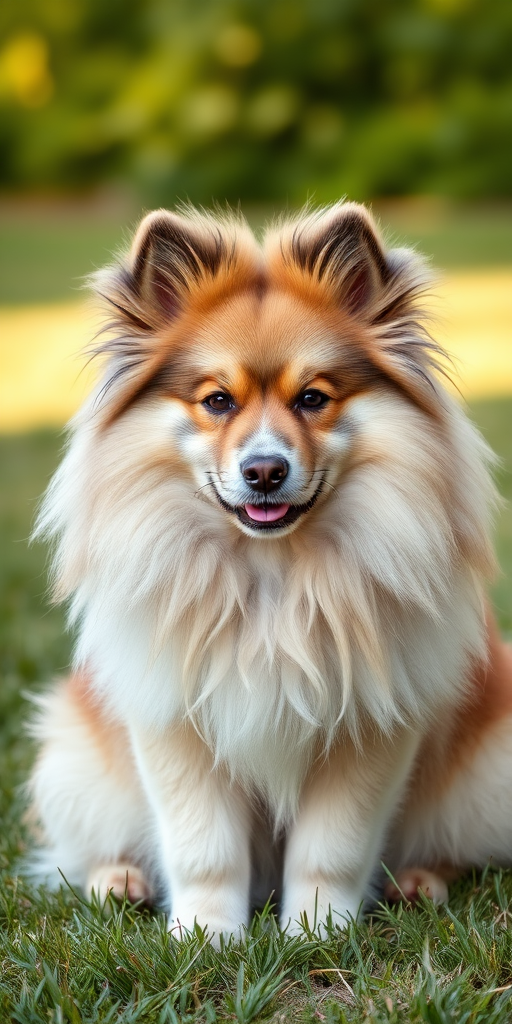 A fluffy Keeshond dog sitting on grass with a lush green background, captured in soft natural light, using a DSLR camera with a 50mm lens, aperture f/2.8, ISO 100, and a shallow depth of field for a blurred background effect.