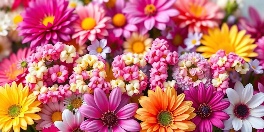 Easter text made of colorful flowers, vibrant pastel colors, soft focus background, shot with a DSLR camera, aperture f/2.8, ISO 100, 50mm lens, shallow depth of field, bright lighting for vivid colors.