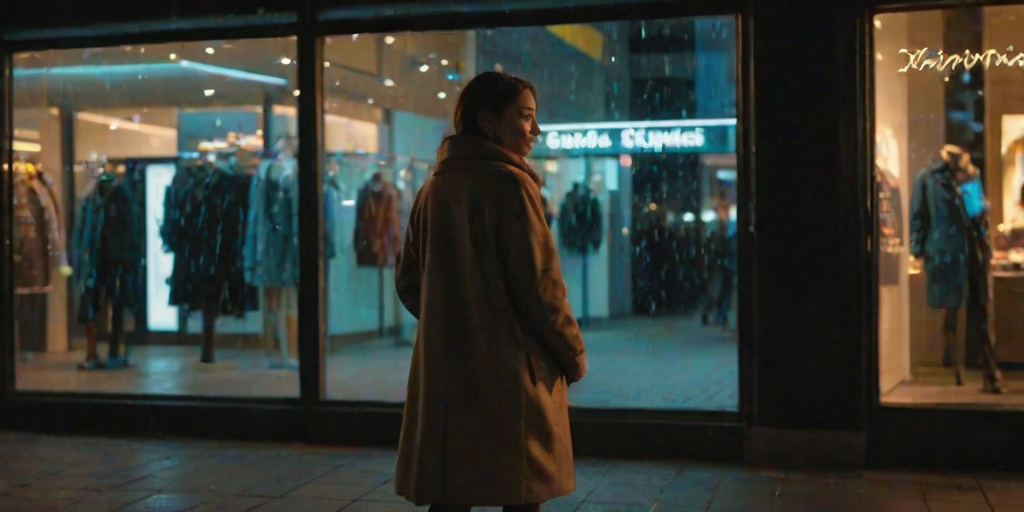Nighttime city street, a woman walking past glowing shop windows, her reflection in the glass as she pulls her coat tighter against the chilly breeze.