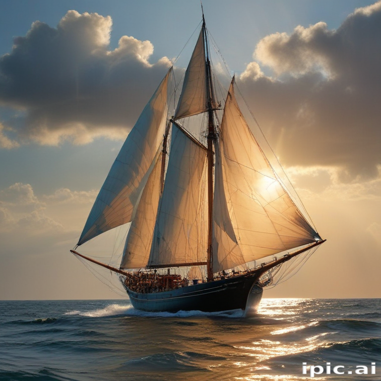Majestic Sailing Ship Gliding Through Calm Waters Under a Golden Sunset