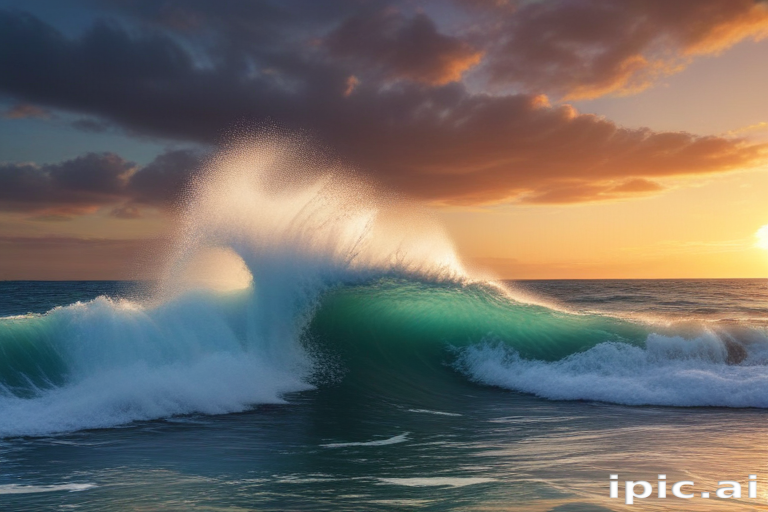 Majestic Ocean Wave Crashing Under a Vibrant Sunset Sky at Dusk