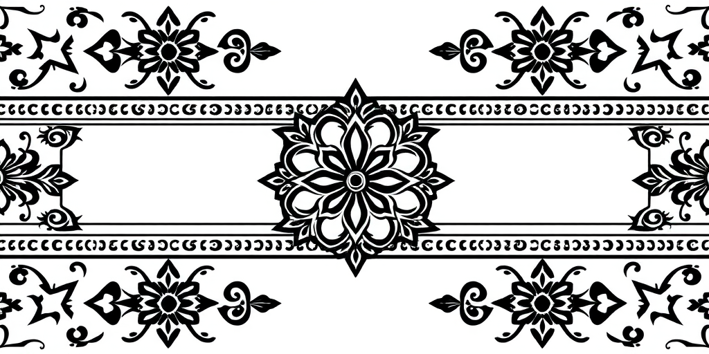 Create a high-resolution image of a decorative border design, with intricate geometric patterns in black and white, using a DSLR camera with a 50mm lens, aperture set to f/2.8, ISO 100, and a soft focus effect for an artistic touch.