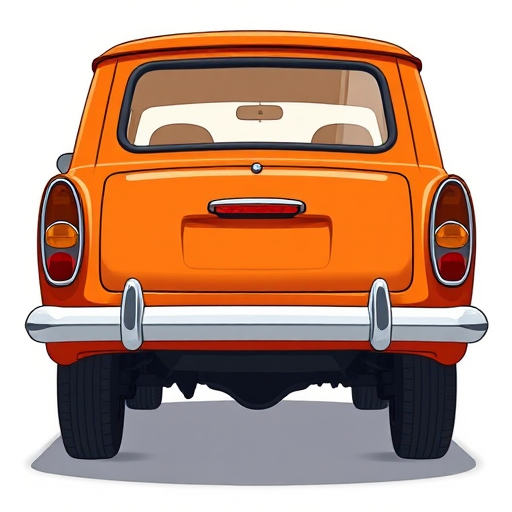 A vibrant cartoon-style illustration of a rear view of a classic orange car with white wheels, set against a plain background, shot with a Canon EOS R5, f/8 aperture, ISO 100, 24mm lens, soft lighting for enhanced color depth and clarity.