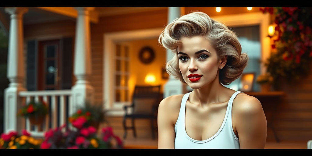 A photo of Marilyn Monroe with a background of a cozy porch. She has dark hair pulled back in an updo, with tendrils framing her face. She wears a white tank top and sits on the porch. The porch is part of a well-lit home with a warm, earthy tone and colorful flowers and foliage. The overall scene has a warm, welcoming, and comfortable ambiance.