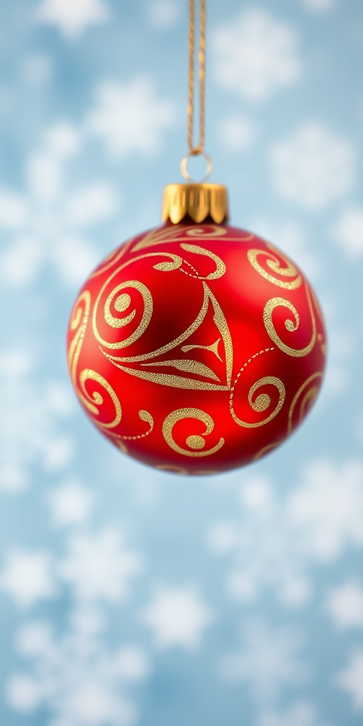 Create a vibrant, high-resolution image of a red Christmas ornament with gold swirls, suspended against a soft blue background with white snowflakes, using a DSLR camera with a 50mm lens, aperture set to f/2.8, ISO 100, and a shallow depth of field for a blurred background effect.