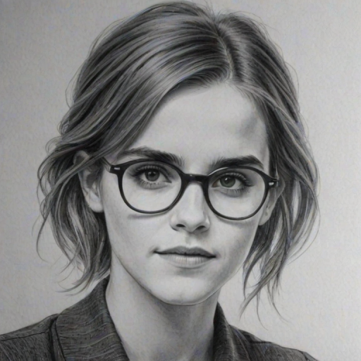 Fascinating Emma Watson, pencil sketch, portrait of Pleasing woman 1922s in glasses, hair style beatnik, outline, clear lines, fine lines, 8k