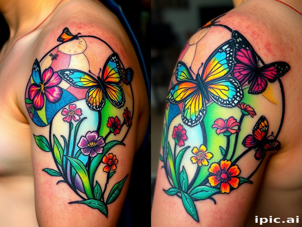 Stained glass tattoo called "Luminary Mosaic" depicting a nature scene with vibrant flowers and butterflies, rendered in the style of a stained glass window with bold black outlines separating distinct color segments, creating a luminous effect on the skin