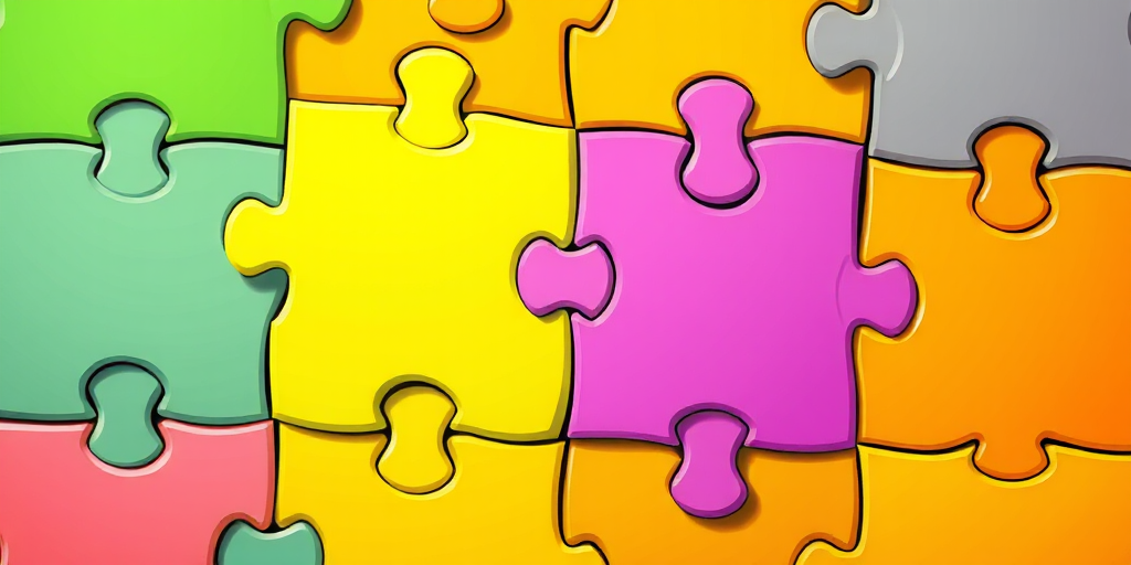 Create a vibrant digital illustration of interlocking puzzle pieces in bright colors like green, purple, yellow, pink, orange, and gray, with a high-resolution setting of 300 DPI, a DSLR camera view at a slight angle, using a macro lens style to capture intricate details.