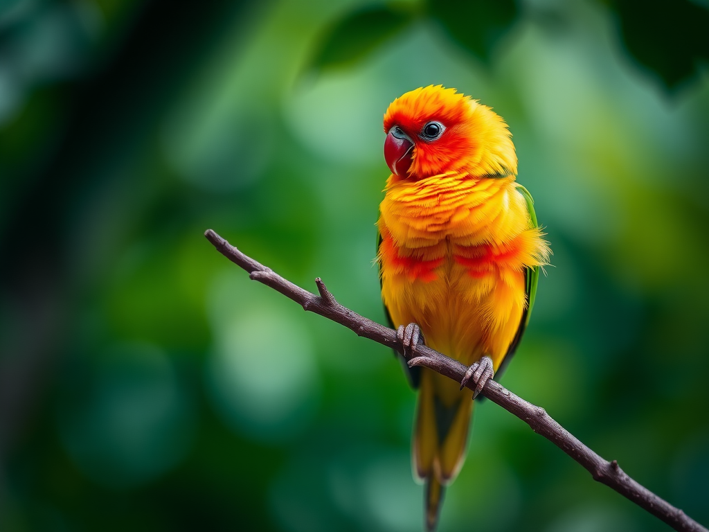 vibrant sun conure perched on a branch with blurred green background, canon eos r5, 50mm f/1.2 lens, aperture f/1.8, shutter speed 1/200s, ISO 200, shallow depth of field for enhanced bokeh effect