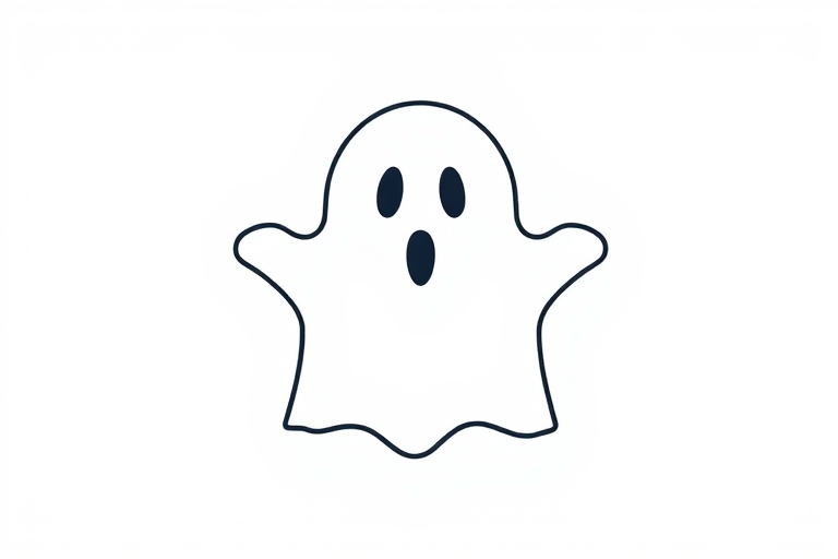 Create a high-resolution image of a simple ghost outline with two oval eyes and an open mouth on a plain white background, using a DSLR camera with a 50mm lens, f/1.8 aperture, ISO 100, and a shallow depth of field for a soft focus effect.