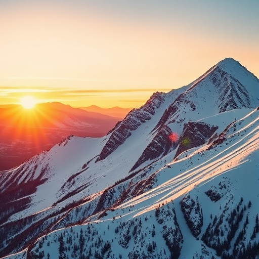 capture a breathtaking snowy mountain landscape during golden hour with a Canon EOS R5, 24mm lens, f/8 aperture, ISO 100, 1/250 sec shutter speed, vibrant colors and sharp details