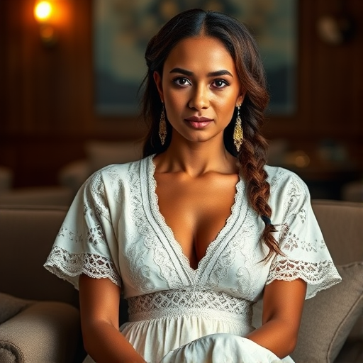 Create a portrait of a refined and elegant Hawaiian woman seated in a sophisticated setting. She has long, wavy hair styled in two thick braids that are pulled over her shoulders. She wears a white, lace gown with intricate patterns, featuring a deep V-neckline and short sleeves. The dress exudes a vintage charm with its delicate lacework. She is adorned with ornate, dangling earrings that add a touch of glamour to her appearance. The background is softly lit, with warm, ambient lighting that creates a cozy and inviting atmosphere. Her expression is poised and serene, capturing a sense of grace and elegance.