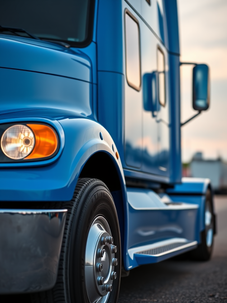 Create a high-quality image of a blue semi-truck in profile view, using a DSLR camera with a 50mm lens, aperture set to f/2.8, ISO 100, and shutter speed of 1/200s for clarity and detail.