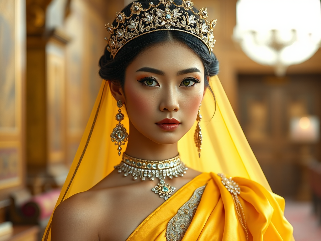 A gorgeous Tibetan woman in a luxurious Yellow gown, accessorized with a dazzling tiara and statement earrings, her deep green eyes highlighted by impeccable makeup, poised in a royal setting, photorealistic, 8K quality