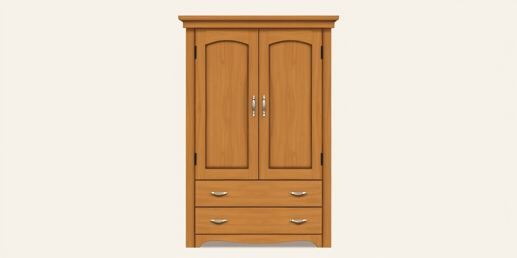 Create a high-resolution illustration of a brown wooden wardrobe with two doors and three drawers in a minimalistic style, shot with a DSLR camera at f/8 aperture, 50mm lens, and a natural light setup to enhance the texture and detail of the wood.