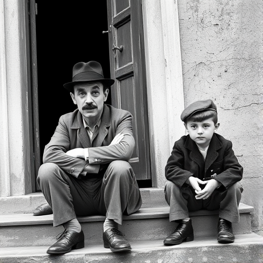 A black-and-white photograph of a man and a child sitting on steps in front of a doorway. The man is dressed as a tramp with a bowler hat, mustache, and ragged clothes, reminiscent of Charlie Chaplin's iconic look. He is sitting with his arms crossed and an expression of slight sadness or frustration. Next to him is a young boy, also in worn clothes and a cap, sitting with his hands clasped, looking thoughtful. The background is an old, textured wall and a partially open door, creating a vintage, early 20th-century atmosphere.
