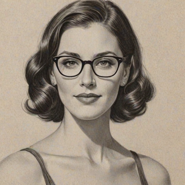 Stunning Becca Kufrin, pencil sketch, portrait of Pleasing woman 1934s in glasses, hair style beatnik, outline, clear lines, fine lines, 8k