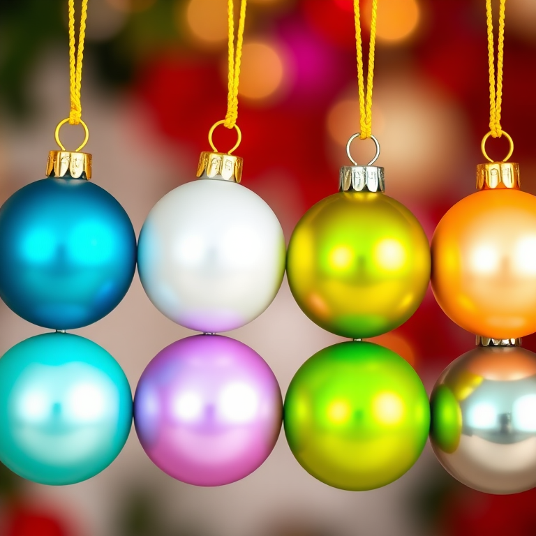 create a high-resolution image of six colorful Christmas ornaments arranged in two rows with vibrant yellow hanging loops, each ornament having a smooth reflective surface, set against a soft blurred background, taken with a Canon EOS R5, 50mm lens, f/1.8 aperture, and ISO 100, focusing on vivid colors and sharp details.