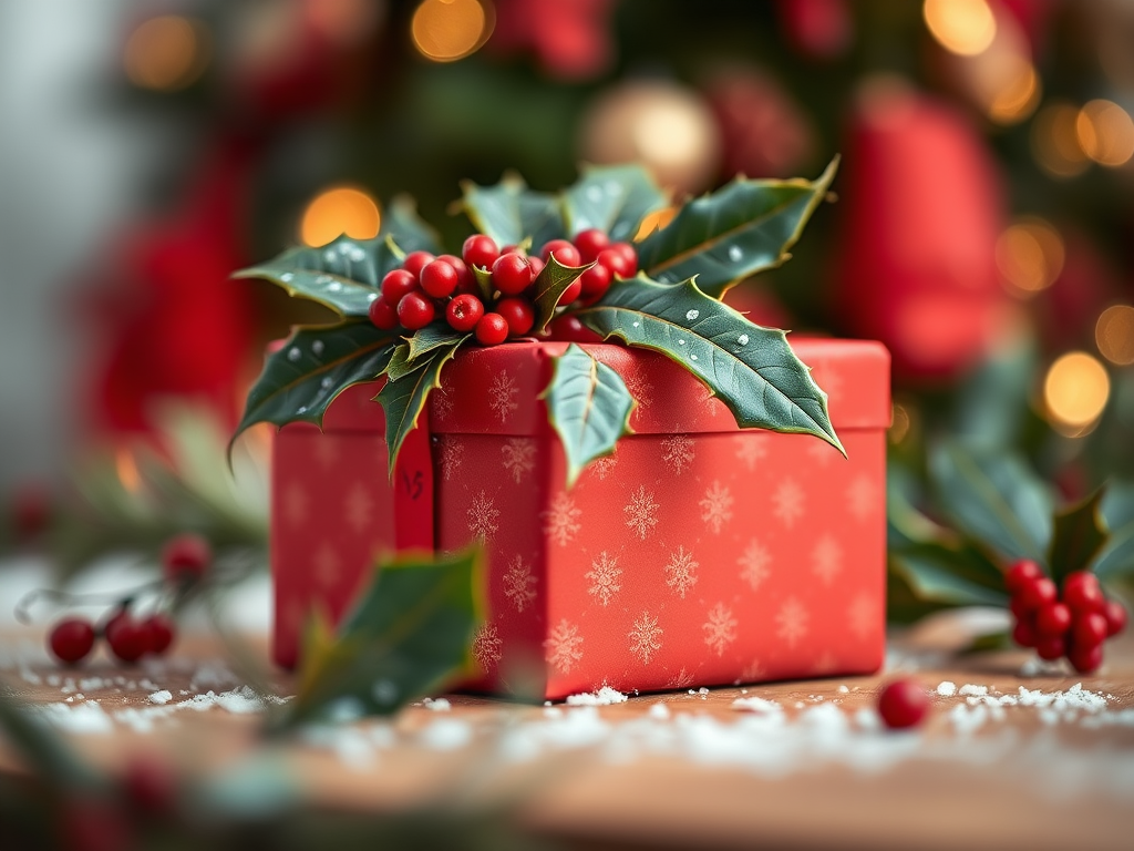 Regenerate a high-quality image of a beautifully wrapped red gift box adorned with holly leaves and berries, using a Canon EOS R5 camera, 50mm lens, f/1.8 aperture, 1/60 sec shutter speed, and ISO 100, with a shallow depth of field and soft focus background to enhance the festive details.