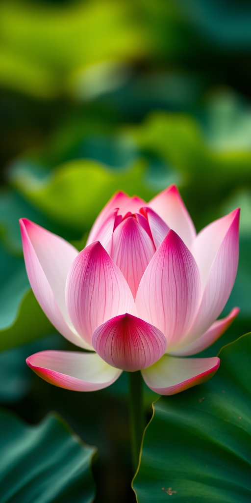 Close-up shot of a lotus flower in full bloom surrounded by green leaves, shallow depth of field, f/2.8 aperture, 50mm lens, natural lighting, DSLR camera, focus on the flower with a soft bokeh background.
