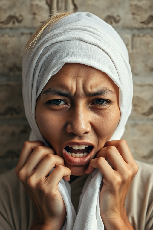 Create a close-up photographic image of a Nepali woman with light skin tones shown against an old, worn wall. Their head is wrapped in a white cloth covering (i.e.... parts of the head except the nose and mouth, which are open as if they are screaming...), with a slight texture and visible folds in the fabric. Thin strands of blonde hair escape from the wrapping above, falling lightly at the top and sides. Their hands hold the fabric as if they are tugging nervously. The lighting is dramatic and even, casting strong shadows. The image has a minimalist and surreal style with an emphasis on simplicity with soft color tones. The composition is centered.