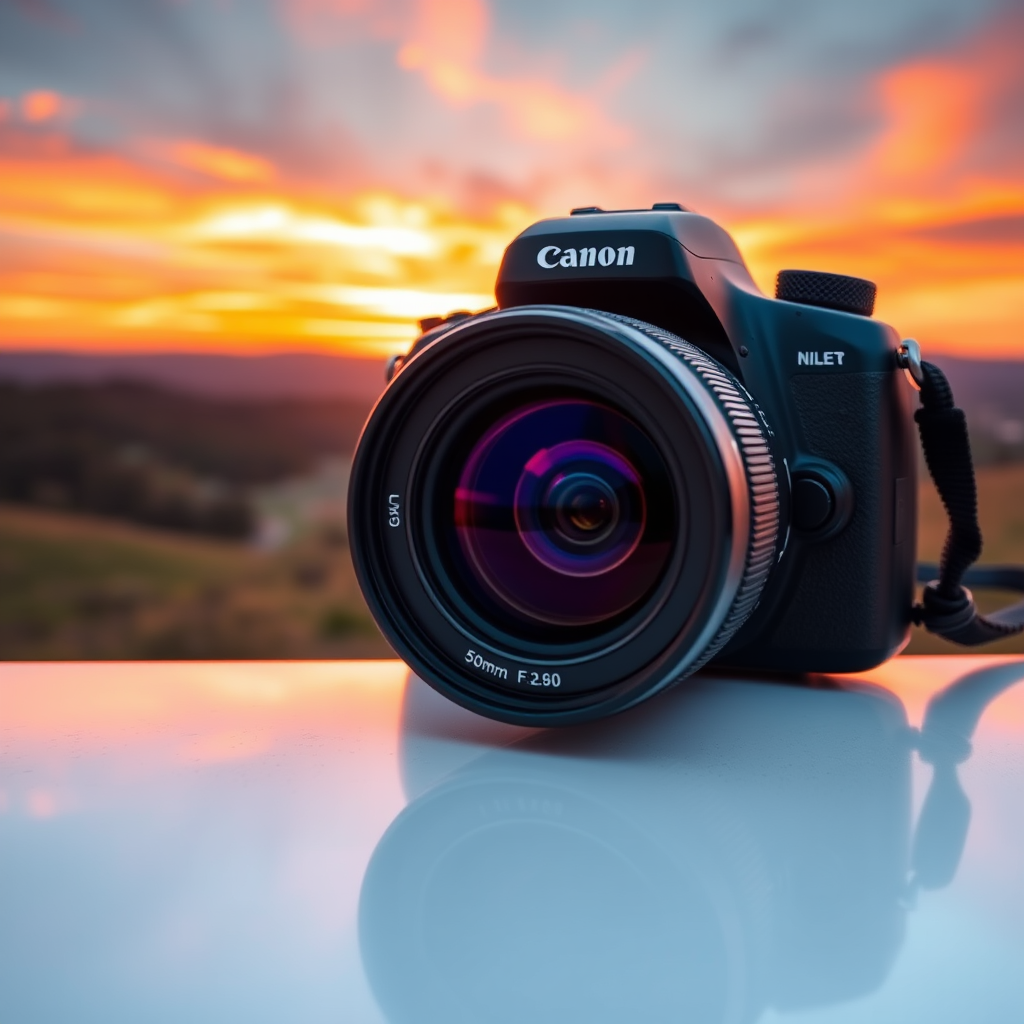 Generate a high-resolution image of a serene landscape at sunset with vibrant colors, using a DSLR camera with a 50mm lens, aperture set to f/2.8, ISO 200, captured from a wide-angle view to enhance depth and detail.