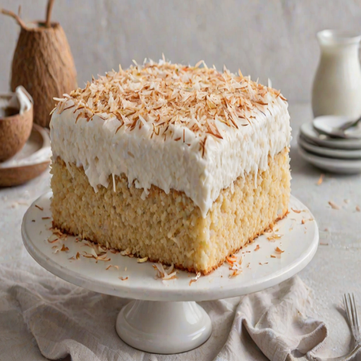 Generate an image of a freshly baked coconut cake. The cake should be rectangular, topped with a generous layer of white frosting and sprinkled with shredded coconut. Place the cake on a wire cooling rack, with a light, neutral background to emphasize its texture and decoration. Include a soft cloth beside the cake for added detail.