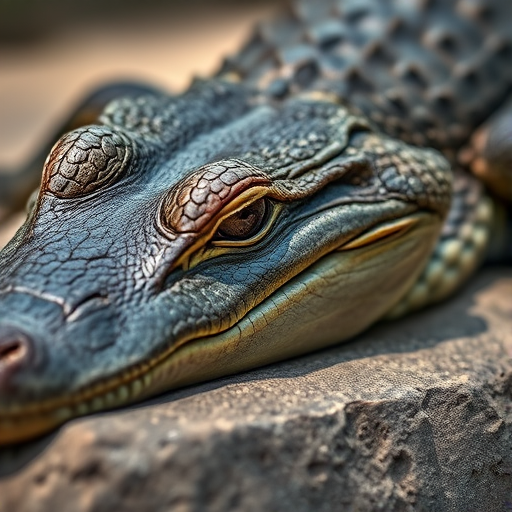 Close-up of a crocodile resting on a rock, shallow depth of field, 50mm lens, f/2.8, ISO 100, natural lighting, DSLR camera, focus on the eye and textures of skin.