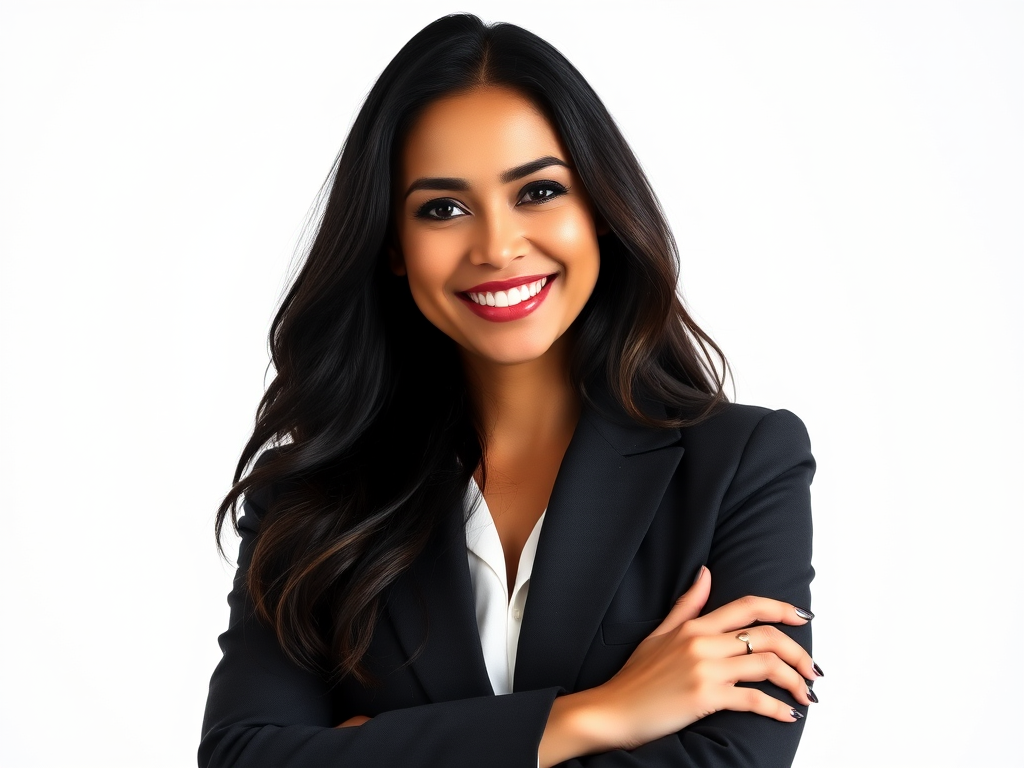 portrait of a smiling woman with long dark hair, wearing a stylish blazer, arms crossed, soft white background, taken with a Canon EOS R5, 85mm lens, aperture f/1.8, ISO 100, natural lighting, shallow depth of field