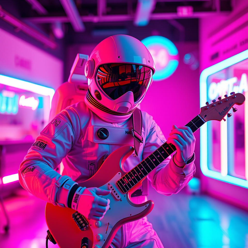 A futuristic astronaut playing an electric guitar in a neon-lit environment, vibrant pink and blue colors, dramatic lighting, captured with a Canon EOS R5, 50mm lens, f/1.8 aperture, ISO 200, 1/200s shutter speed, HDR style, high contrast, focus on the musician.