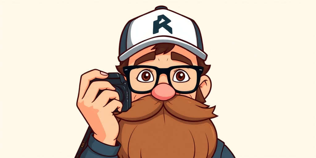 Create a high-resolution vector illustration of a cartoonish character with a large beard and glasses, wearing a cap, using a Nikon D850, 50mm lens, f/1.8, ISO 100, natural lighting, center composition, minimalistic style.