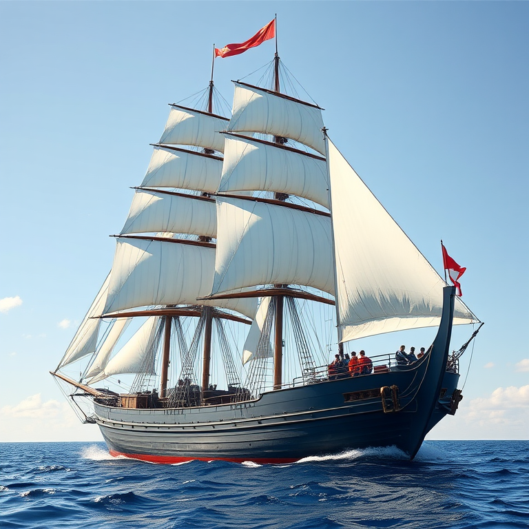 Create a detailed illustration of a majestic sailing ship with multiple sails billowing in the wind, featuring a sleek hull and intricate rigging, shot from a low angle with a focus on the sails, using a DSLR camera at f/8 aperture, ISO 100, and a focal length of 35mm for sharpness and clarity.