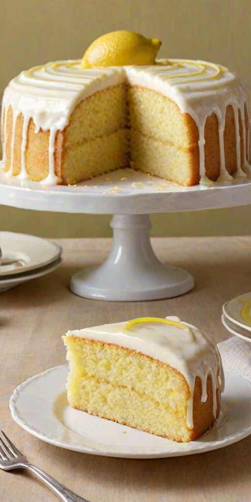 Create an image of a moist lemon cake with a glossy lemon glaze on top. The cake should be square-shaped, with a slice removed to show its fluffy texture. Garnish the top with thin slices of fresh lemon and place a whole lemon beside the cake on a decorative plate. The background should be simple and elegant, highlighting the cake as the main focus.