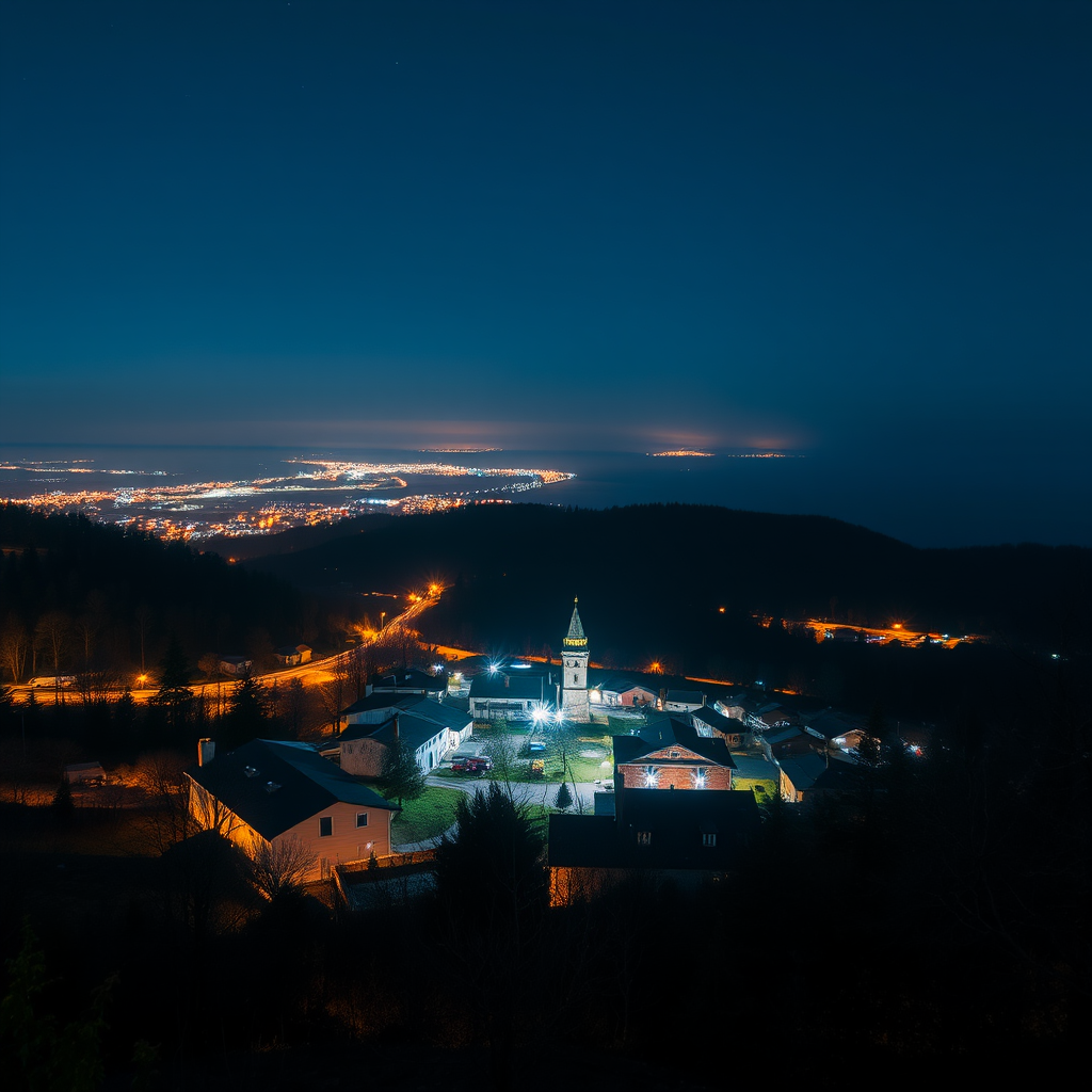 Capture a scenic nighttime view of a small town with illuminated buildings and a distant horizon, using a full-frame camera at ISO 800, f/4 aperture, 30 seconds exposure, and a 50mm lens to enhance details and depth of field.