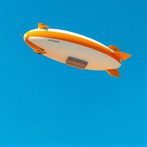 Create a detailed illustration of a blimp floating in a clear blue sky, using a DSLR camera with a 50mm lens, aperture set to f/2.8, ISO 100, shot from a low angle view to emphasize the blimp's size, with vibrant colors and sharp focus.