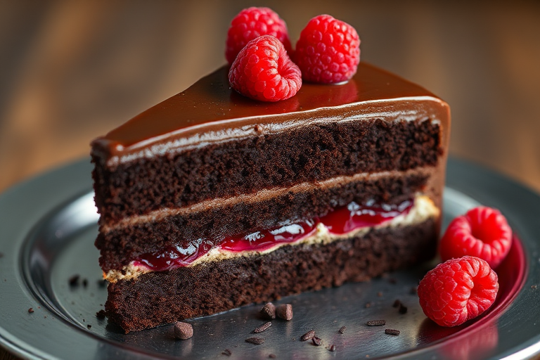 Chocolate cake slice with three layers, filled with raspberry jam, topped with chocolate frosting and fresh raspberries, served on a silver plate with chocolate sprinkles.