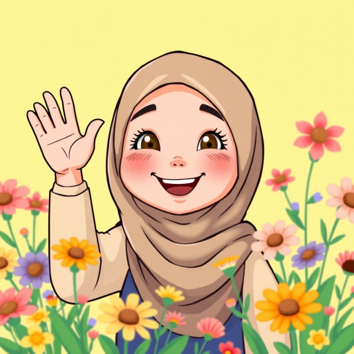 Create a cheerful cartoon of a young girl wearing a hijab, waving with a friendly smile, surrounded by colorful flowers in a soft yellow background, using a Canon EOS R5 with a 50mm lens at f/1.8, ISO 100, in bright daylight, capturing vibrant colors and fine details.