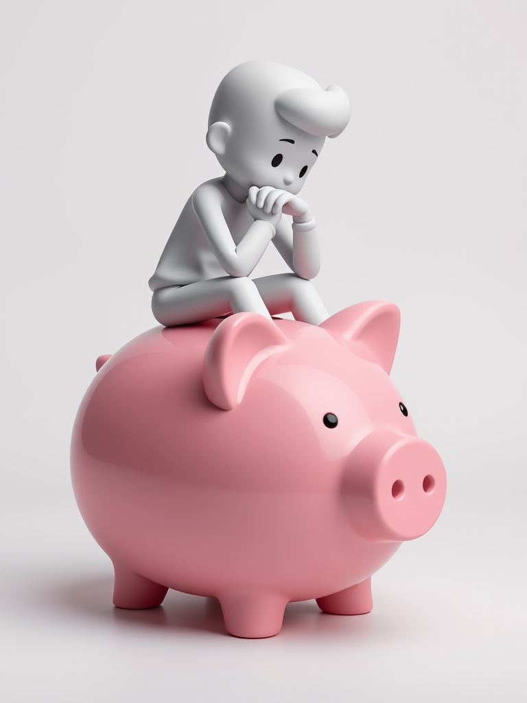 3D rendering of a stylized figure seated on a pink piggy bank, thoughtfully resting chin on hand, soft lighting, white background, shot with a Canon EOS R5, 50mm lens, f/2.8 aperture, ISO 100, 1/200 sec shutter speed, high dynamic range, focus on figure and piggy bank.