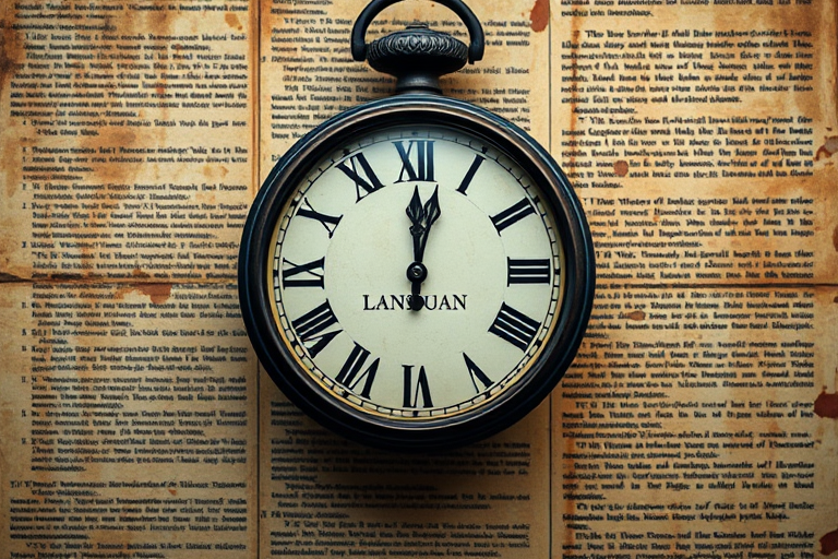 Create an image of a vintage clock with Roman numerals overlaid on an aged, textured background featuring faint text, captured using a DSLR camera at f/8 aperture, 1/60 sec shutter speed, 50mm lens, and a soft-focus style.