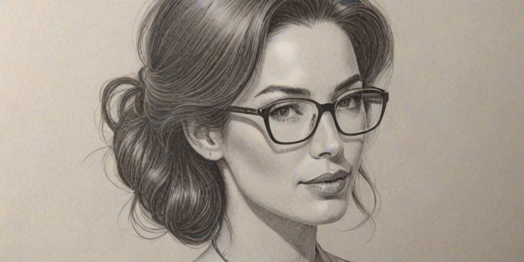 Delightful Jaime Murray, pencil sketch, portrait of Alluring woman 1963s in glasses, hair style beatnik, outline, clear lines, fine lines, 8k