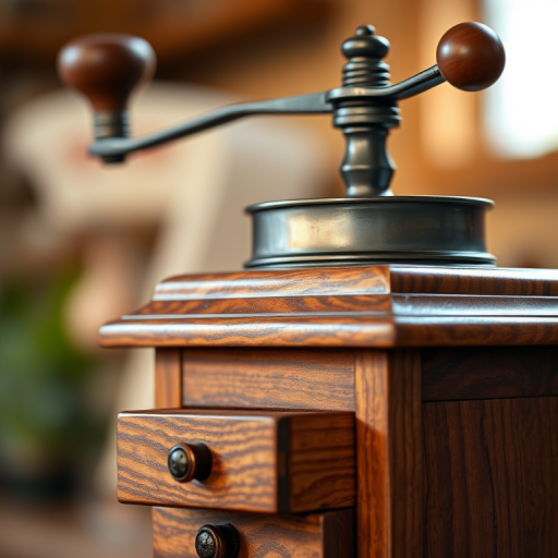 Capture an antique coffee grinder with a wooden finish, showing details of the handle and drawer, using a Canon EOS R5 with a 50mm f/1.8 lens, aperture set to f/2.8, ISO 100, shutter speed 1/60s, in natural light, with a shallow depth of field for a soft bokeh background.