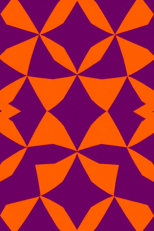create a vibrant geometric pattern consisting of interlocking triangles and diamonds with contrasting colors of deep purple and burnt orange, sharp focus, aperture f/8, ISO 100, 50mm lens, top-down view, digital camera