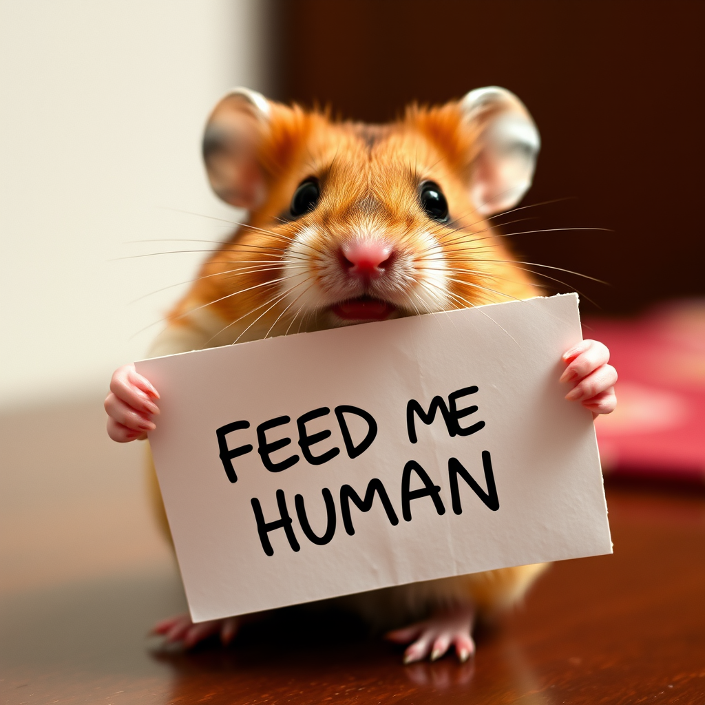 hamster holding a note which says "FEED ME HUMAN"