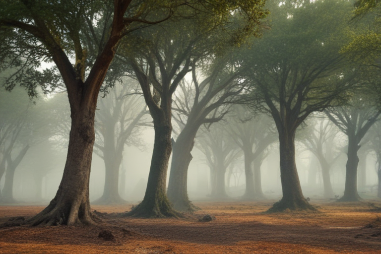 Mystical Forest Scene Enveloped in Misty Fog and Tall Trees
