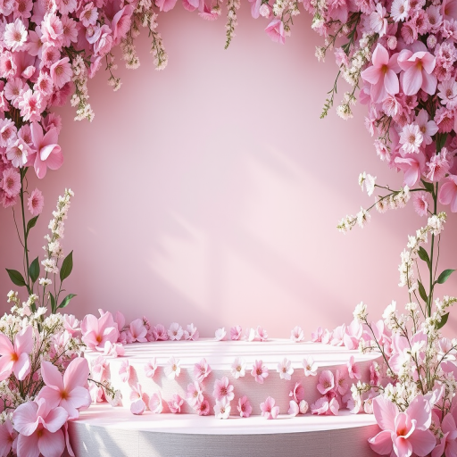 create a serene floral backdrop with a circular stage, using soft pink and lavender flowers, soft natural lighting, f/2.8 aperture, 50mm lens, taken from eye level, in high-resolution digital format