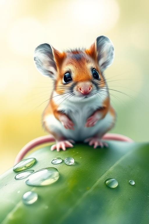 A watercolor illustration of a cute mouse sitting on a leaf with drops of water, soft focus background, high dynamic range, Canon EOS R5, 50mm f/1.2 lens, aperture f/2.8, ISO 100, natural light, macro view.