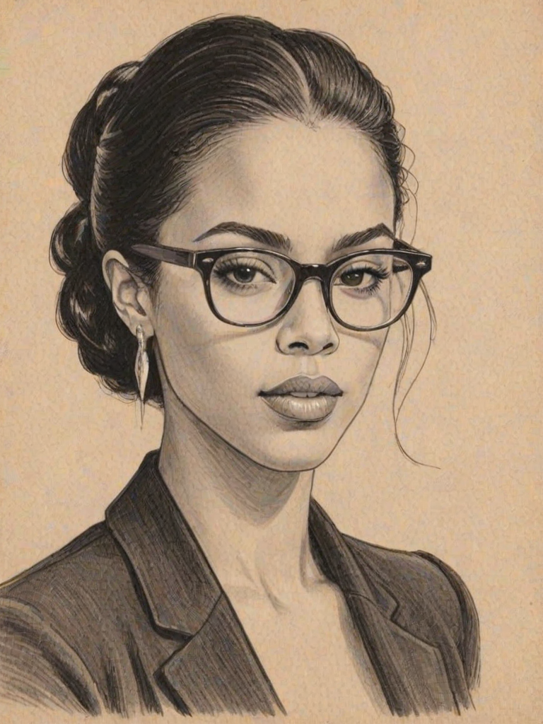 Appealing Aaliyah Haughton, pencil sketch, portrait of Elegant woman 1946s in glasses, hair style beatnik, outline, clear lines, fine lines, 8k